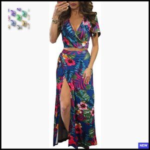 Boho Floral Print Maxi Dress Set Sexy V Neck Crop Top High Split Skirt